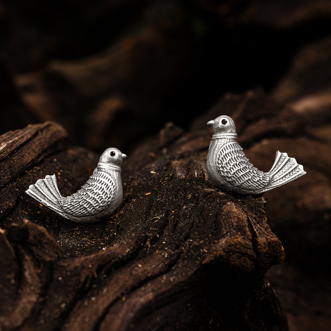 CHIC CHARM: Exquisite Pair of Birds Silver Tops - CTP 1023