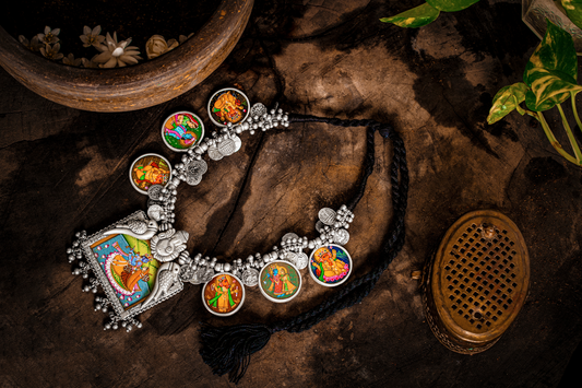 DIVINE ELEGANCE: Hand-Painted Silver Neck Piece of Radha Krishna - CNP VT 1010